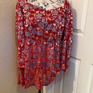 Suzanne Betro Red, Gold and Periwinkle Floral Peplum Blouse